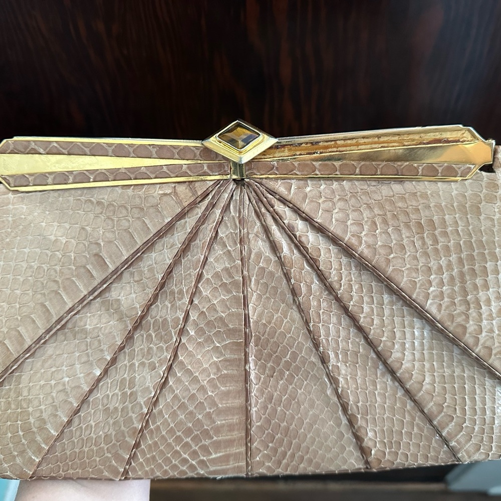 Rare Vintage Judith Lieber Snakeskin Minaudière Clutch - Art Deco Clasp